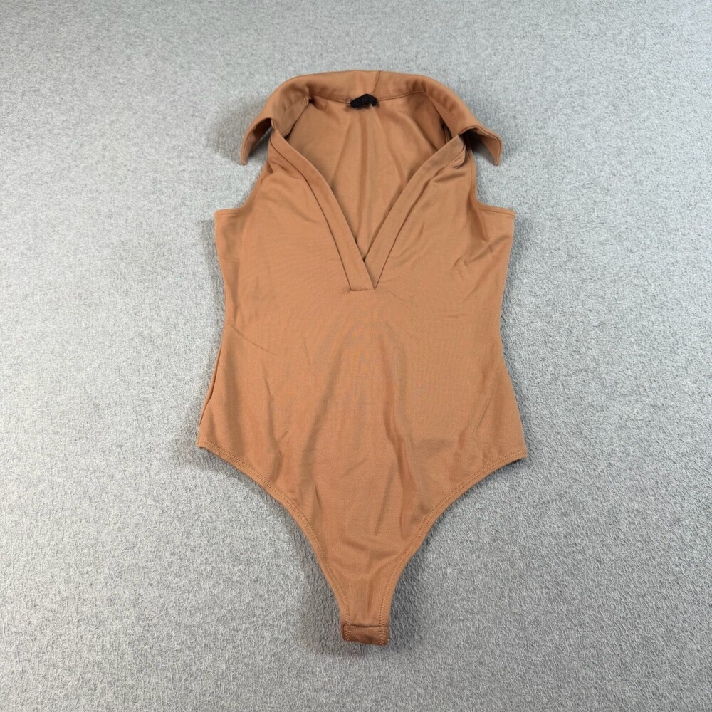 NBD Revolve Bodysuit Women Small Brown Nude Collared V-Neck Thong Quiet Luxury